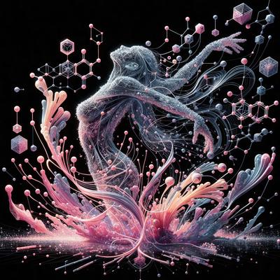 The primary subject of the image is a woman, who is the main focus of the scene. She is depicted in a digital art style, with a pink and purple color scheme. The setting is a black background, which contrasts with the vibrant colors of the woman. The visual style of the image is a combination of digital art and illustration, creating a unique and artistic representation of the woman.